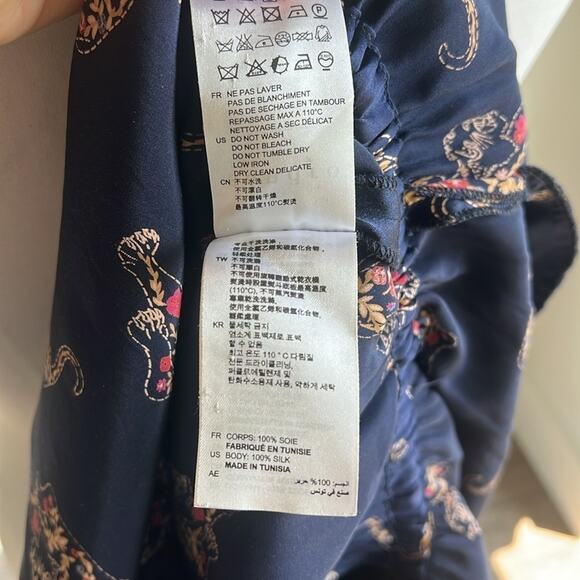 SANDRO NAVY SILK TIGER PRINT DRESS KEYHOLE BACK SHORT SLEEVE SIZE 1 - Picture 9 of 9